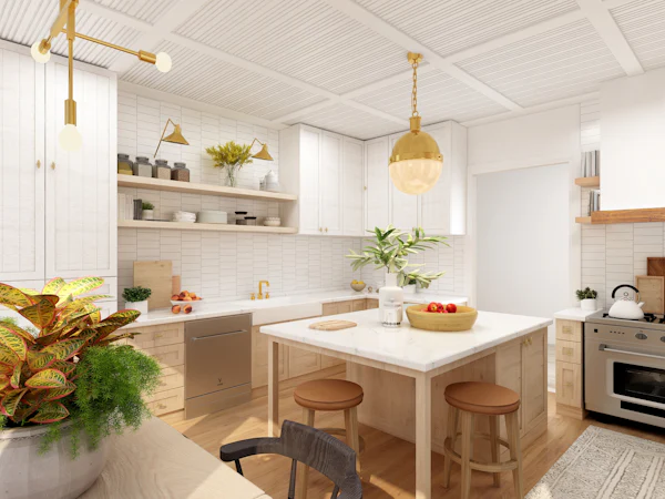 Light kitchen with open shelves, a brass pendant, and a wood island with stools